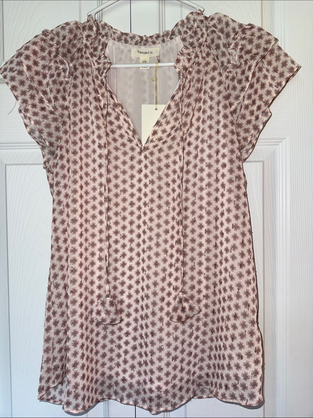 Tamara H Floral Print Pink Silk Blend V-Neck Top